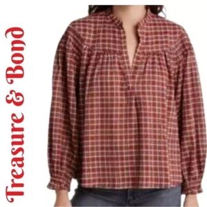 Treasure & Bond Women's Top Sz 3X Pull Over Plaid Rust Browns Ballon Sleeve